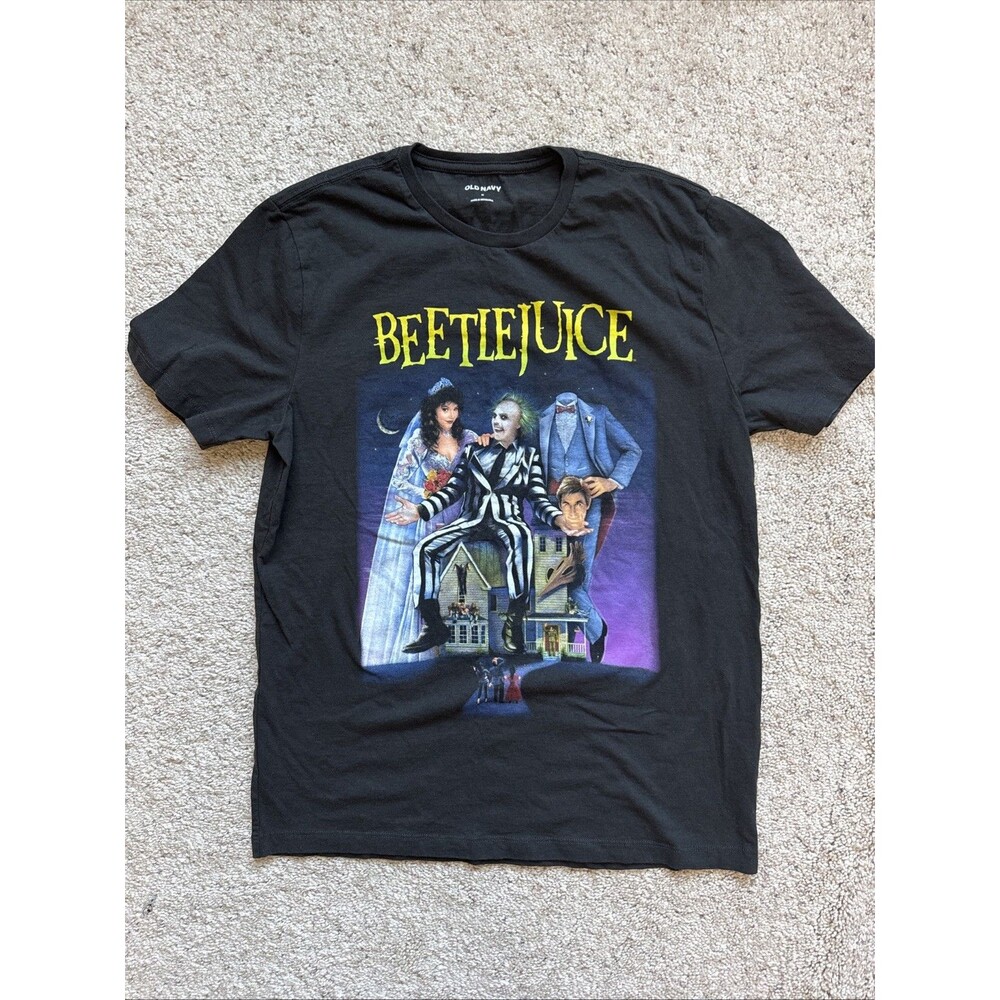 Old Navy Mens Medium Black Beetlejuice Graphic Short Sleeve Crew Neck Tee